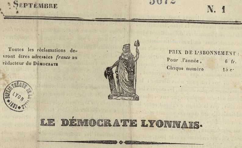 Photo (Bibliothèque municipale (Lyon)) de : Le Démocrate lyonnais. Paris : Impr. de la République, [1839-1839 ?]. ISSN 2110-3054.