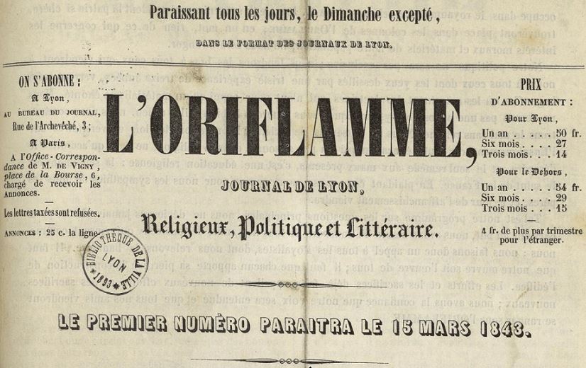 Photo (Bibliothèque municipale (Lyon)) de : L'Oriflamme. Lyon : impr. de Pommet, 1843. ISSN 2110-3097.