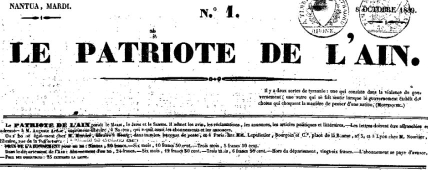 Photo (Auvergne-Rhône-Alpes livre et lecture) de : Le Patriote de l'Ain. Nantua : Auguste Arène, imprimeur-libraire, 1839-1840. ISSN 2430-9834.