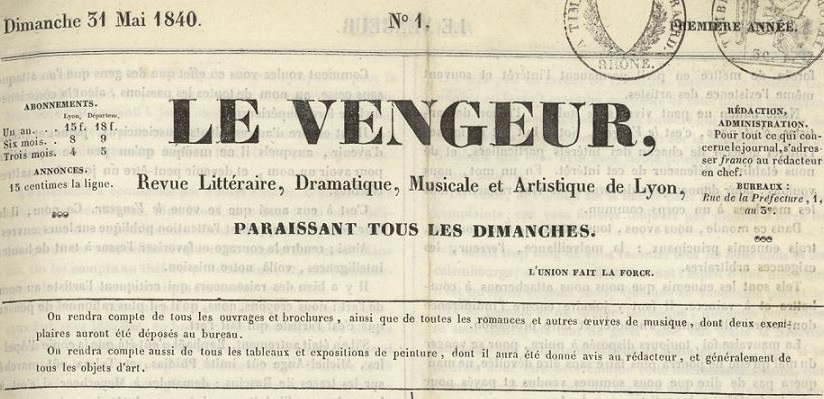 Photo (Bibliothèque municipale (Lyon)) de : Le Vengeur. Lyon, 1840. ISSN 2493-9706.