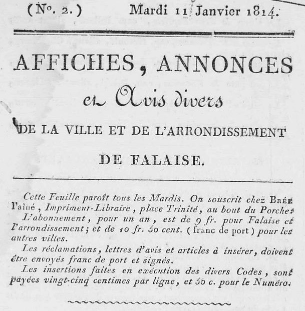 Photo (Calvados. Archives départementales) de : Affiches, annonces et avis divers de la ville et de l'arrondissement de Falaise. Falaise, [1814 ?]-1829. ISSN 2120-3814.