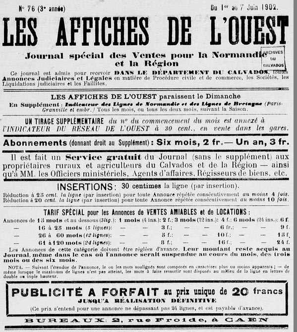 Photo (Calvados. Archives départementales) de : Les Affiches de l'Ouest. Caen, [1900 ?-1906 ?]. ISSN 2120-2877.