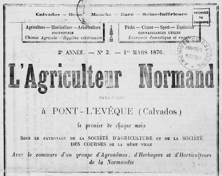 Photo (Calvados. Archives départementales) de : L'Agriculteur normand. Pont-l'Évêque : Imprimerie C. Delahais, 1875-1876. ISSN 2120-456X.