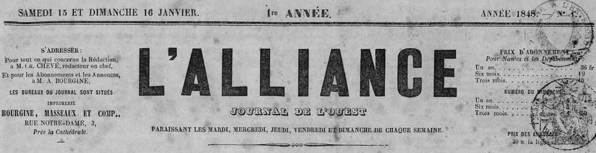Photo (Loire-Atlantique. Archives départementales) de : L'Alliance. Nantes, 1848-1853. ISSN 2120-5744.
