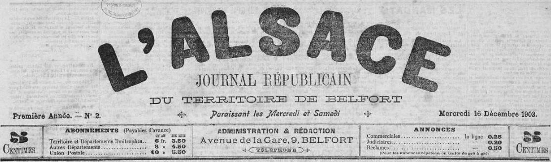 Photo (Territoire de Belfort. Archives départementales) de : L'Alsace. Belfort, 1903-1933. ISSN 0995-824X.