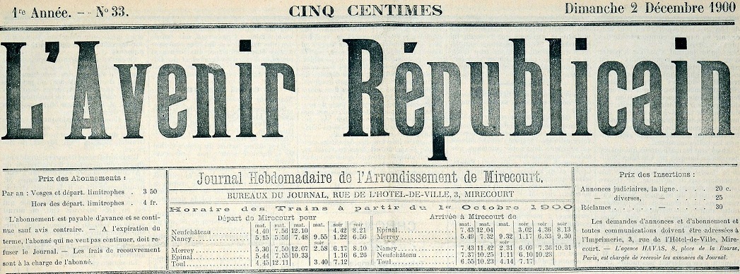 Photo (Les Amis du vieux Mirecourt-Regain) de : L'Avenir républicain. Mirecourt, 1900-[1939?]. ISSN 2016-1085.
