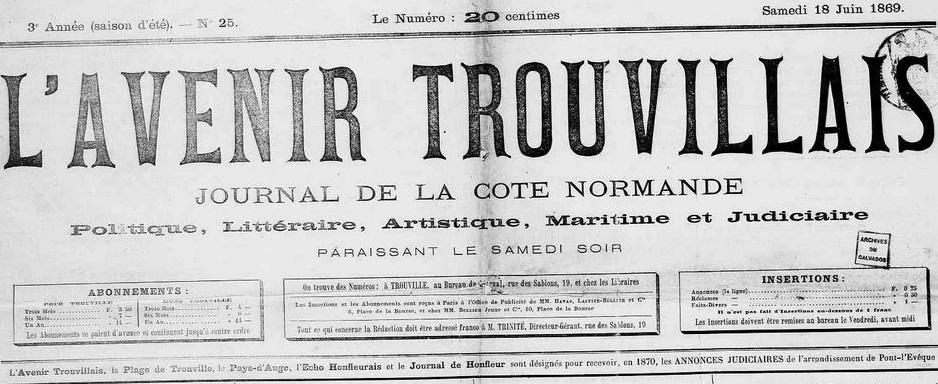 Photo (Calvados. Archives départementales) de : L'Avenir trouvillais. Trouville-sur-Mer, 1868-1875. ISSN 2121-7203.