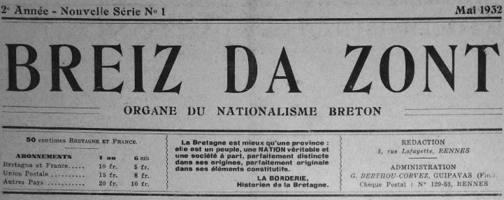 Photo (Institut de documentation bretonne et européenne) de : Breiz da Zont. Nantes, Rennes, 1931-1934. ISSN 2122-2509.