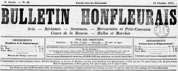 Photo (Calvados. Archives départementales) de : Bulletin honfleurais. Honfleur, 1871-1877. ISSN 2122-9724.