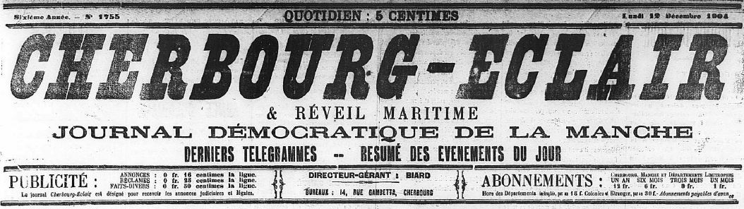 Photo (Centre régional des lettres (Basse-Normandie)) de : Cherbourg-éclair & Réveil maritime. Cherbourg, 1904-1944. ISSN 2123-7026.