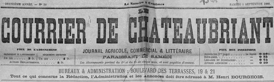 Photo (Loire-Atlantique. Archives départementales) de : Le Courrier de Châteaubriant. Châteaubriant, 1887-1944. ISSN 2124-6963.