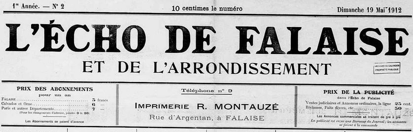 Photo (Calvados. Archives départementales) de : L'Écho de Falaise et de l'arrondissement. Falaise, 1912-1944. ISSN 2126-1849.