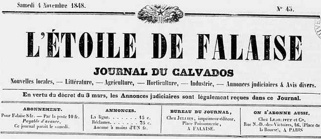 Photo (Calvados. Archives départementales) de : L'Étoile de Falaise. Falaise, [1848 ?-1854 ?]. ISSN 2127-5408.
