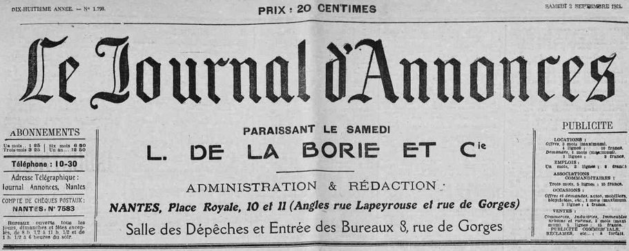 Photo (Loire-Atlantique. Archives départementales) de : Le Journal d'annonces. Nantes, [1896 ?]-1940. ISSN 2130-1751.