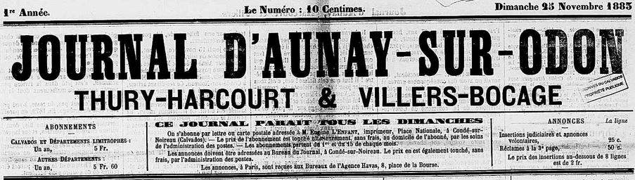 Photo (Calvados. Archives départementales) de : Journal d'Aunay-sur-Odon, Thury-Harcourt & Villers-Bocage. Aunay, Harcourt, 1883-1884. ISSN 2130-2146.