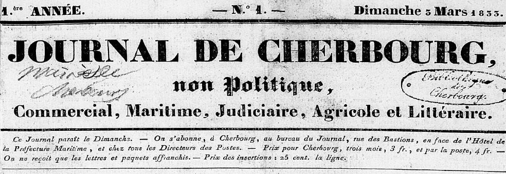 Photo (Centre régional des lettres (Basse-Normandie)) de : Journal de Cherbourg. Cherbourg, 1833-1862. ISSN 2130-3258.