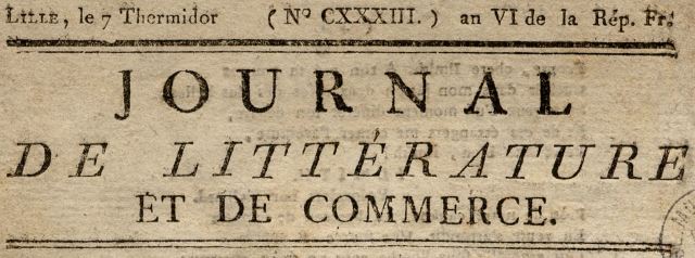 Photo (Médiathèque municipale Jean-Lévy (Lille)) de : Journal de littérature et de commerce. Lille, 1797-[1798 ?]. ISSN 2108-0828.