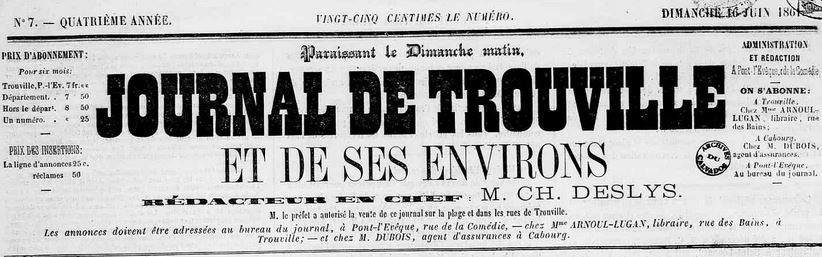 Photo (Calvados. Archives départementales) de : Journal de Trouville et de ses environs. Pont-l'Évêque, [1861 ?-1870 ?]. ISSN 2130-6605.