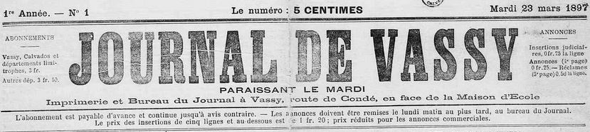 Photo (Calvados. Archives départementales) de : Journal de Vassy. Vassy, 1897. ISSN 2130-6702.