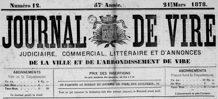 Photo (Calvados. Archives départementales) de : Journal de Vire. Vire, 1878-1889. ISSN 2130-6893.