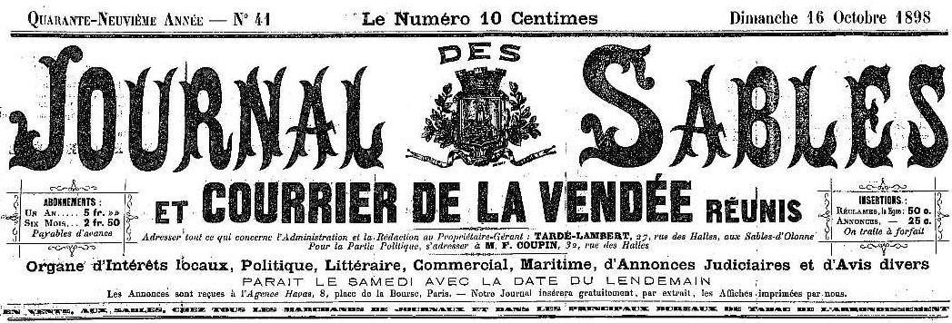 Photo (Vendée. Archives départementales) de : Journal des Sables et Courrier de la Vendée réunis. Les Sables d'Olonne, 1898-1944. ISSN 2130-792X.