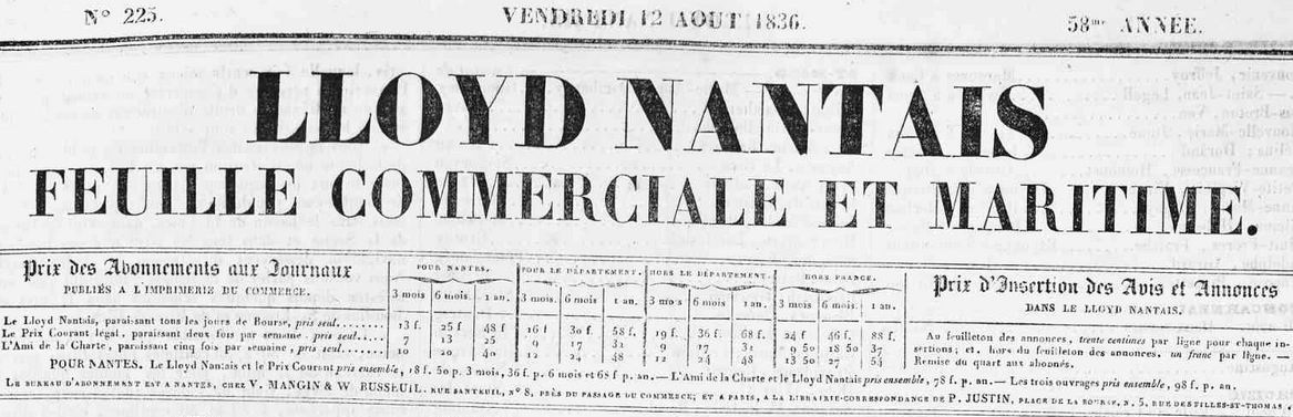 Photo (Loire-Atlantique. Archives départementales) de : Lloyd nantais. Nantes : V. Mangin et W. Busseuil, 1836-1844. ISSN 2131-5086.