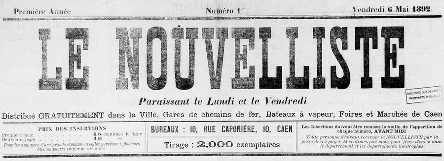 Photo (Calvados. Archives départementales) de : Le Nouvelliste. Caen, 1892. ISSN 2133-1286.