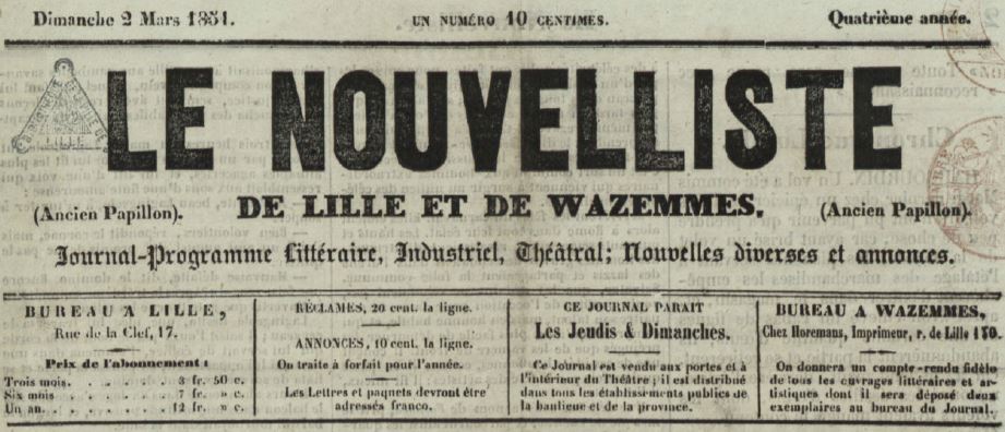 Photo (Médiathèque municipale Jean-Lévy (Lille)) de : Le Nouvelliste de Lille et de Wazemmes. Lille, Wazemmes, 1851-1852. ISSN 2133-1723.