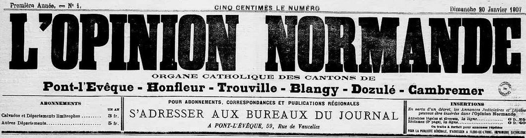 Photo (Calvados. Archives départementales) de : L'Opinion normande. Pont-l'Évêque, 1907-1921. ISSN 1248-4040.