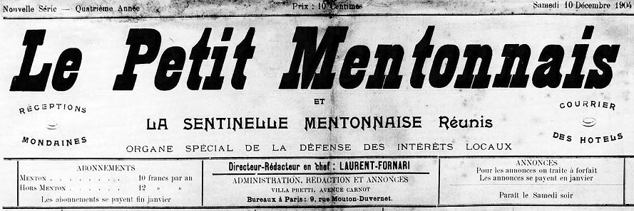 Photo (Alpes-Maritimes. Archives départementales) de : Le Petit Mentonnais et la Sentinelle mentonnaise réunis. Menton, 1901-[1930 ?]. ISSN 2134-2741.