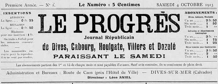 Photo (Calvados. Archives départementales) de : Le Progrès. Dives-sur-Mer, 1913-1973. ISSN 2135-300X.