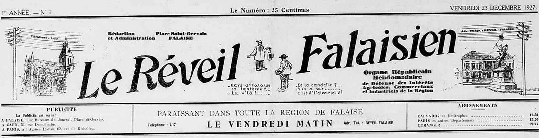 Photo (Calvados. Archives départementales) de : Le Réveil falaisien. Falaise, 1927-[1939 ?]. ISSN 2137-0249.