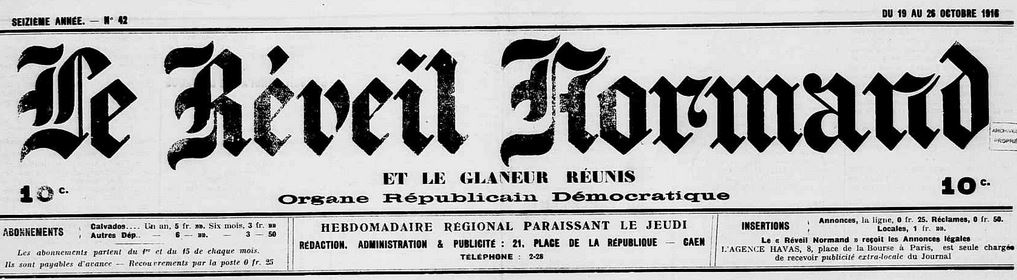 Photo (Calvados. Archives départementales) de : Le Réveil normand et Le Glaneur réunis. Caen, 1916-[1943 ?]. ISSN 2137-080X.