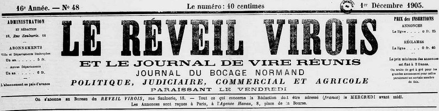 Photo (Calvados. Archives départementales) de : Le Réveil virois et le Journal de Vire réunis. Vire, 1903-[1908 ?]. ISSN 2137-1830.