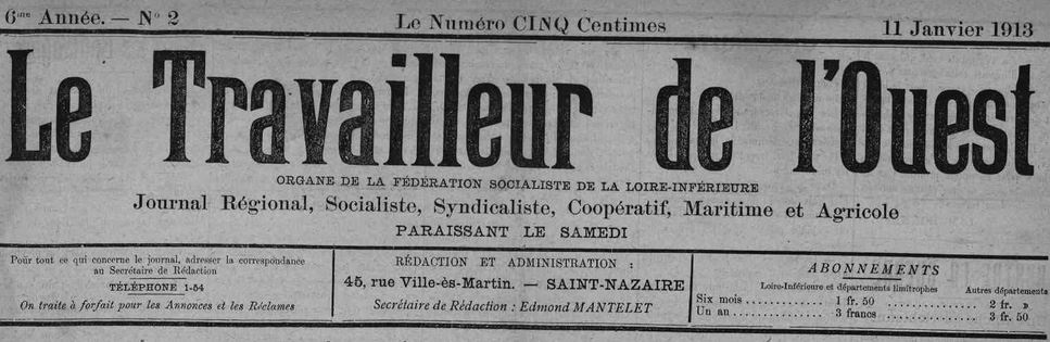 Photo (Loire-Atlantique. Archives départementales) de : Le Travailleur de l'Ouest. Saint-Nazaire, 1908-1958. ISSN 2138-9160.