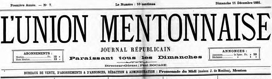 Photo (Alpes-Maritimes. Archives départementales) de : L'Union mentonnaise. Menton, 1881-[1882 ?]. ISSN 2139-4547.