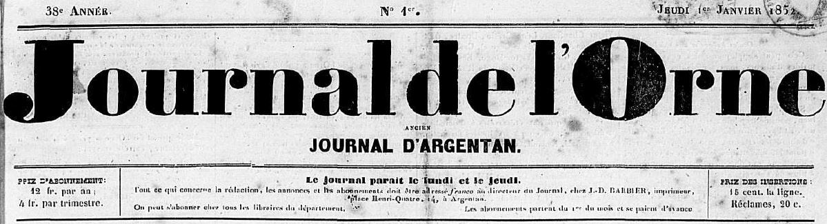 Photo (Centre régional des lettres (Basse-Normandie)) de : Journal de l'Orne. Argentan, 1852-1944. ISSN 0180-5851.