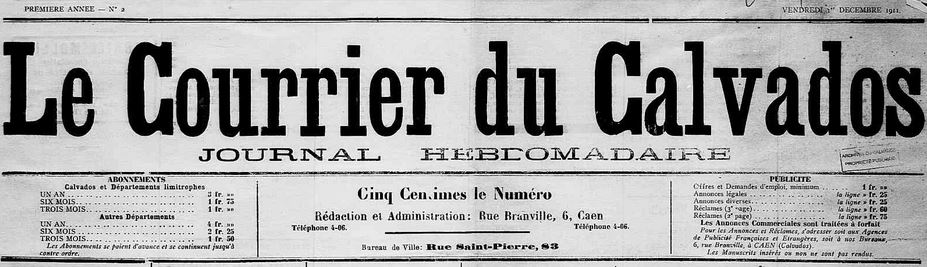 Photo (Calvados. Archives départementales) de : Le Courrier du Calvados. Caen, 1911-1918. ISSN 1248-4032.