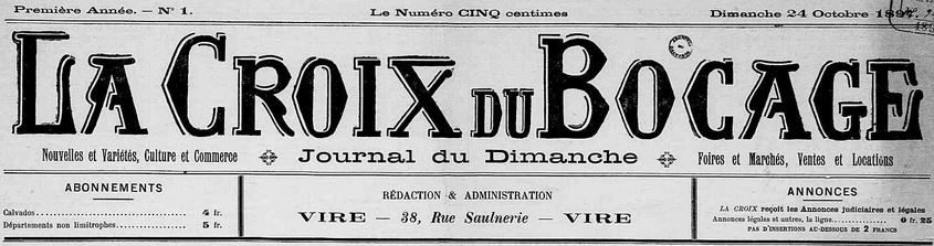 Photo (Calvados. Archives départementales) de : La Croix du Bocage. Vire, 1897-1919. ISSN 2125-2750.