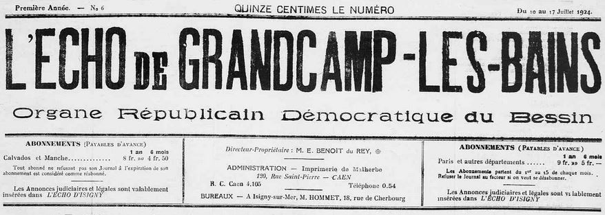 Photo (Calvados. Archives départementales) de : L'Écho de Grandcamp-les-Bains. Isigny, [1924 ?]. ISSN 1963-9856.