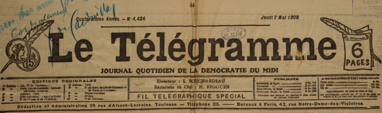 Photo (Université Bordeaux Montaigne) de : Le Télégramme. [Éd. Hérault]. Toulouse, 1907-[1925 ?]. ISSN 1964-244X.