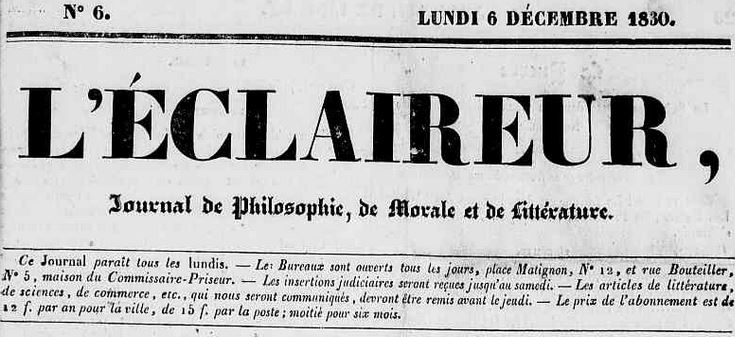 Photo (Calvados. Archives départementales) de : L'Éclaireur. Lisieux : impr. Brée, 1830-1831. ISSN 2107-9579.
