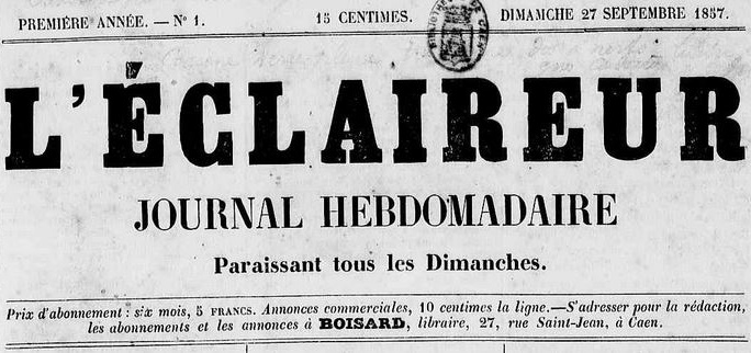 Photo (Calvados. Archives départementales) de : L'Éclaireur. Caen : impr. Veuve Pagny, 1857-1858. ISSN 2107-9641.