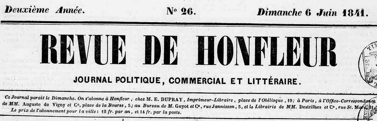 Photo (Calvados. Archives départementales) de : Revue de Honfleur. Caen : E. Dupray, [1840-1841 ?]. ISSN 2491-5688.