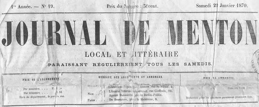 Photo (Alpes-Maritimes. Archives départementales) de : Journal de Menton. Menton, [1869 ?-1870 ?]. ISSN 2498-4302.