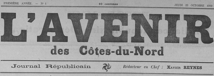 Photo (Côtes-d'Armor. Archives départementales) de : L'Avenir des Côtes-du-Nord. Saint-Brieuc, 1919-1921. ISSN 1963-3882.