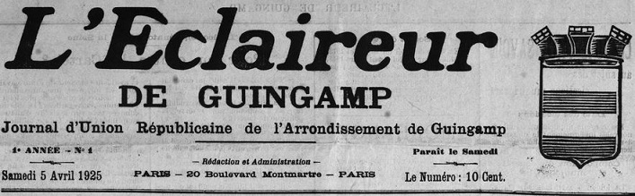 Photo (Côtes-d'Armor. Archives départementales) de : L'Éclaireur de Guingamp. Paris, 1925. ISSN 1963-7977.