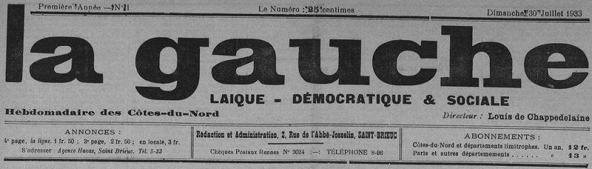Photo (Côtes-d'Armor. Archives départementales) de : La Gauche laïque, démocratique et sociale. Saint-Brieuc, 1933-1938. ISSN 1966-1088.