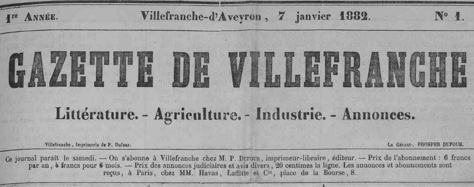 Photo (Aveyron. Archives départementales) de : La Gazette de Villefranche. Villefranche, 1882-1891. ISSN 2128-6949.