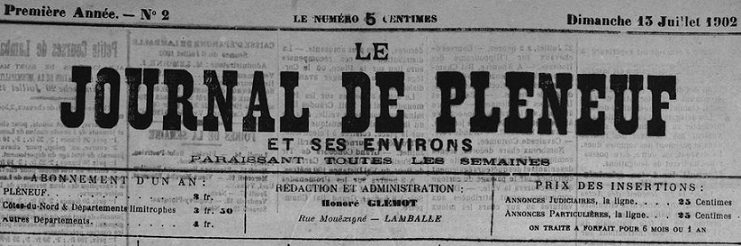 Photo (Côtes-d'Armor. Archives départementales) de : Le Journal de Pléneuf et ses environs. Lamballe, 1902-1914. ISSN 1966-1460.
